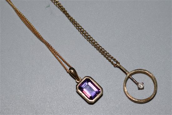 9ct gold and amethyst pendant on chain and a 9ct gold and diamond pendant on chain